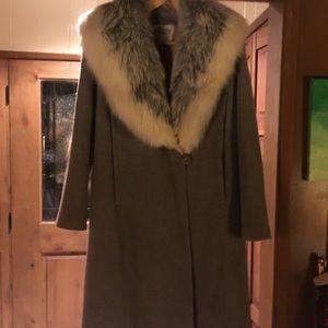 Gray wool, long coat with shawl fur collar